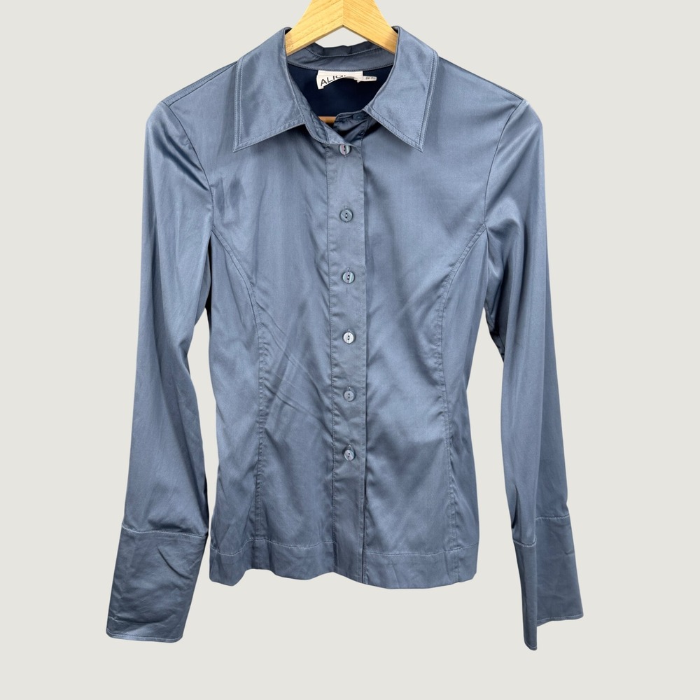 ALIGNE Silk Blend Button Front Blouse US 0 Blue Stretch Fitted Long Sleeve